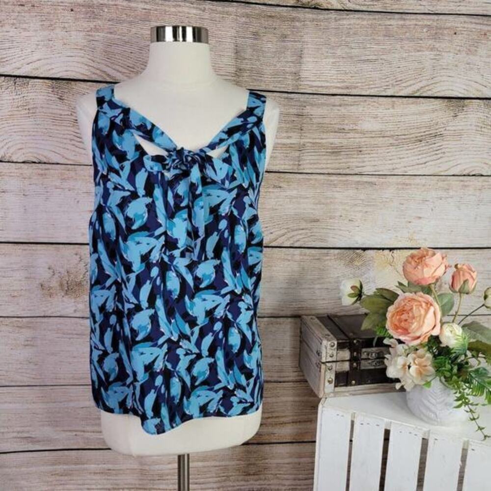 5/$25 Halston Blue Dancing Floral Printed‎ V Neck Woven Tank Top/Cami XL